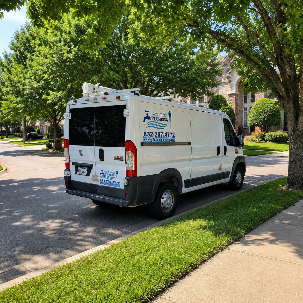 Get It Done Plumbing service van in a Houston neighborhood